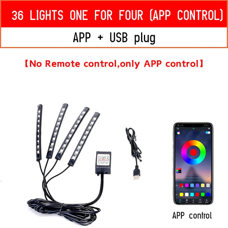 Car modification LED eight-color foot voice control rhythm atmosphere light with USB head and 36 LEDs