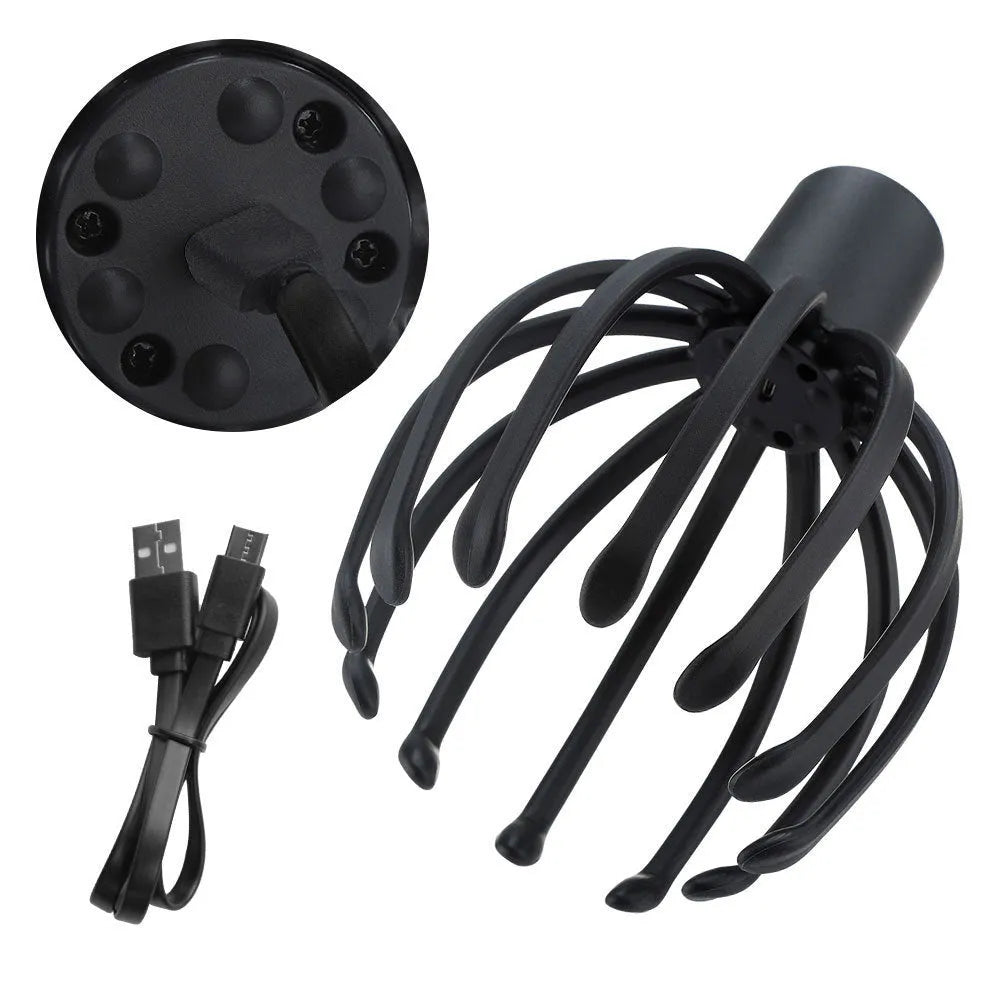 Black electric scalp massager with TPE 3D massage arms and USB charging cable