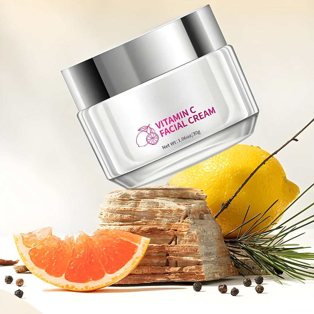 Square white jar of vitamin C face cream, 30g net content, showing product dimensions.