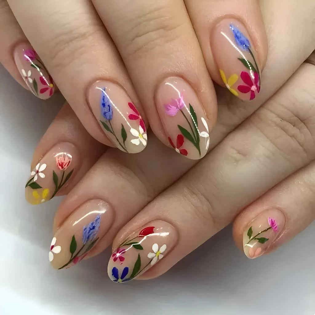 European and American almond-shaped removable flower wear nail art set with rose tulip floral pattern in solid colour