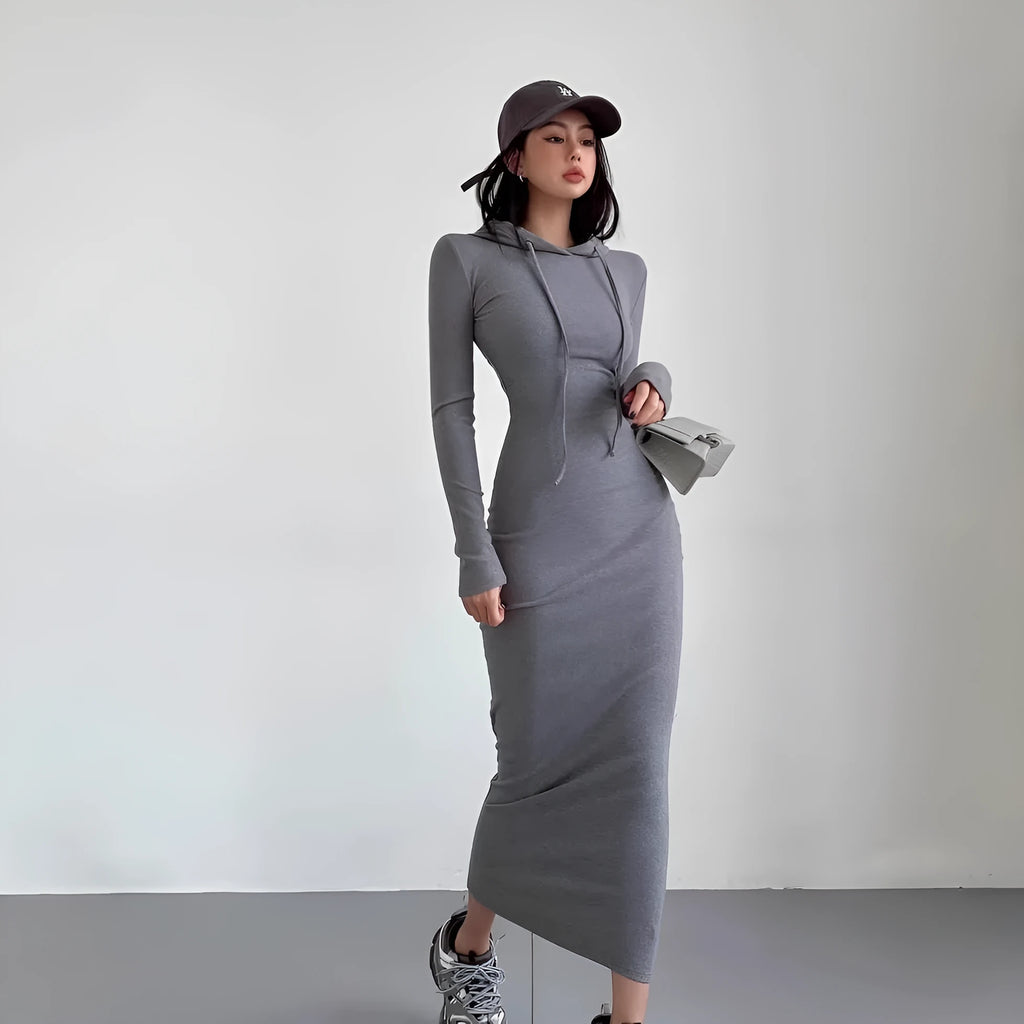 Women's grey hooded pullover dress with long sleeves and a high-waist sheath silhouette.