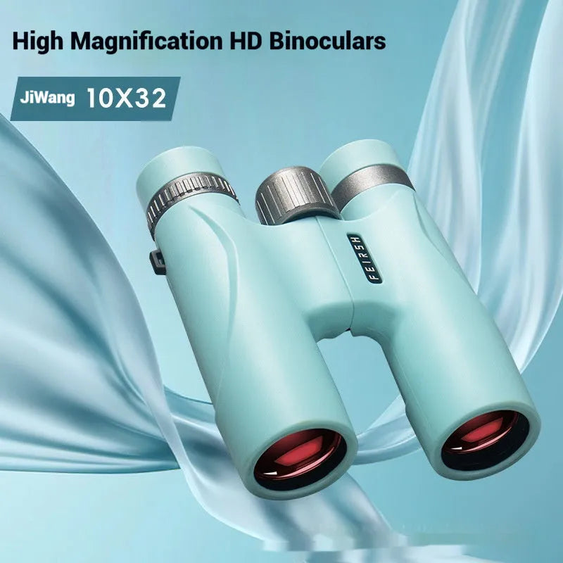 Wine red finish 10x32 binoculars with grey or blue options on a dark background