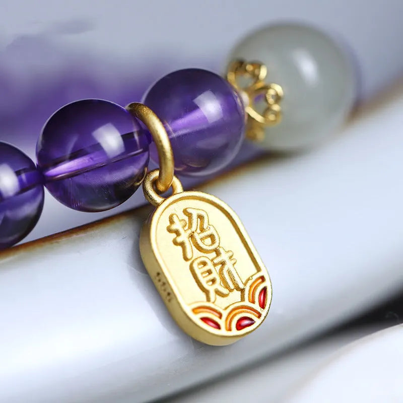 Simple amethyst bracelet with 8mm round crystal beads in geometric national style for women