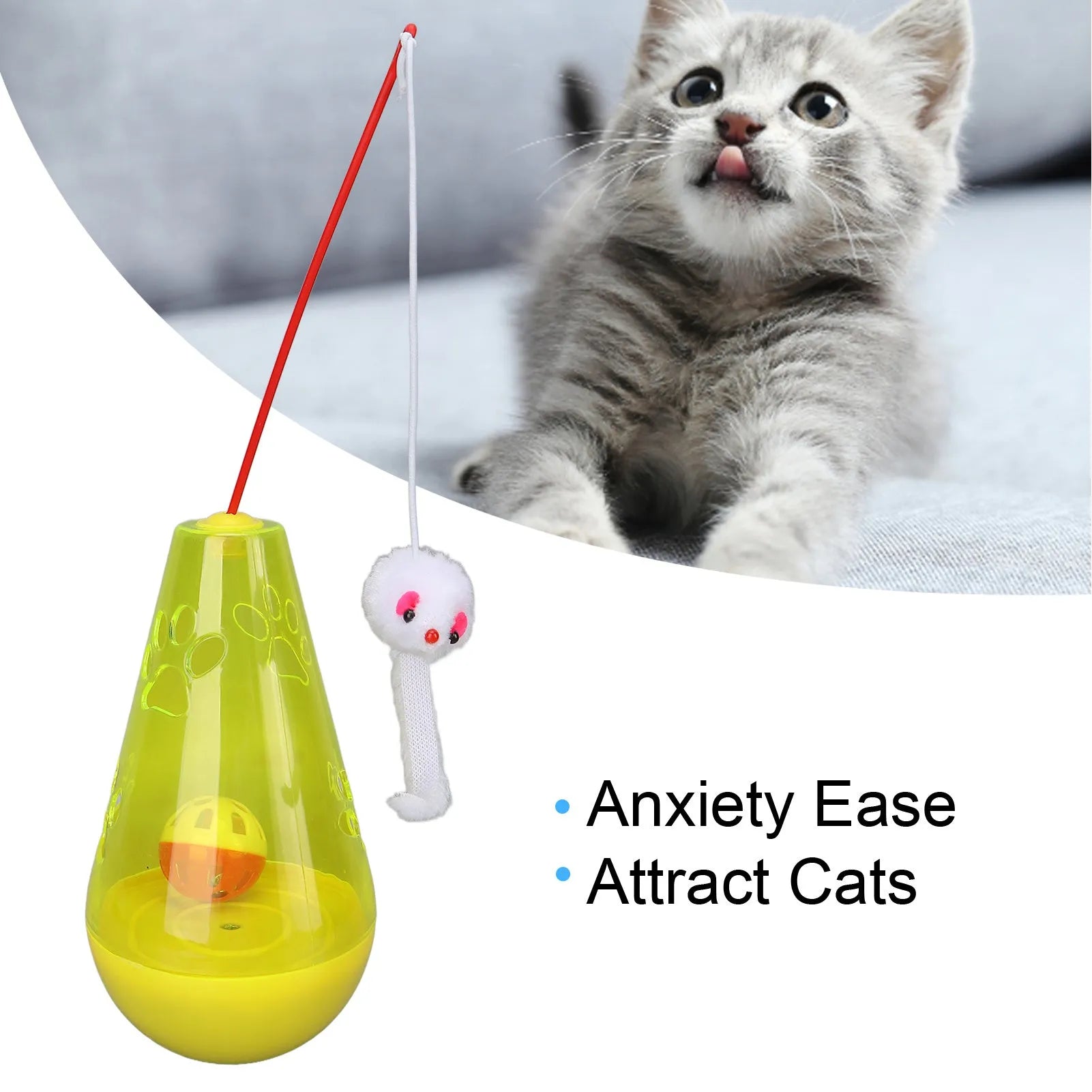 Blue cat toy with bell ball and treat dispenser, plush mouse stick, 30cm tall, on floor