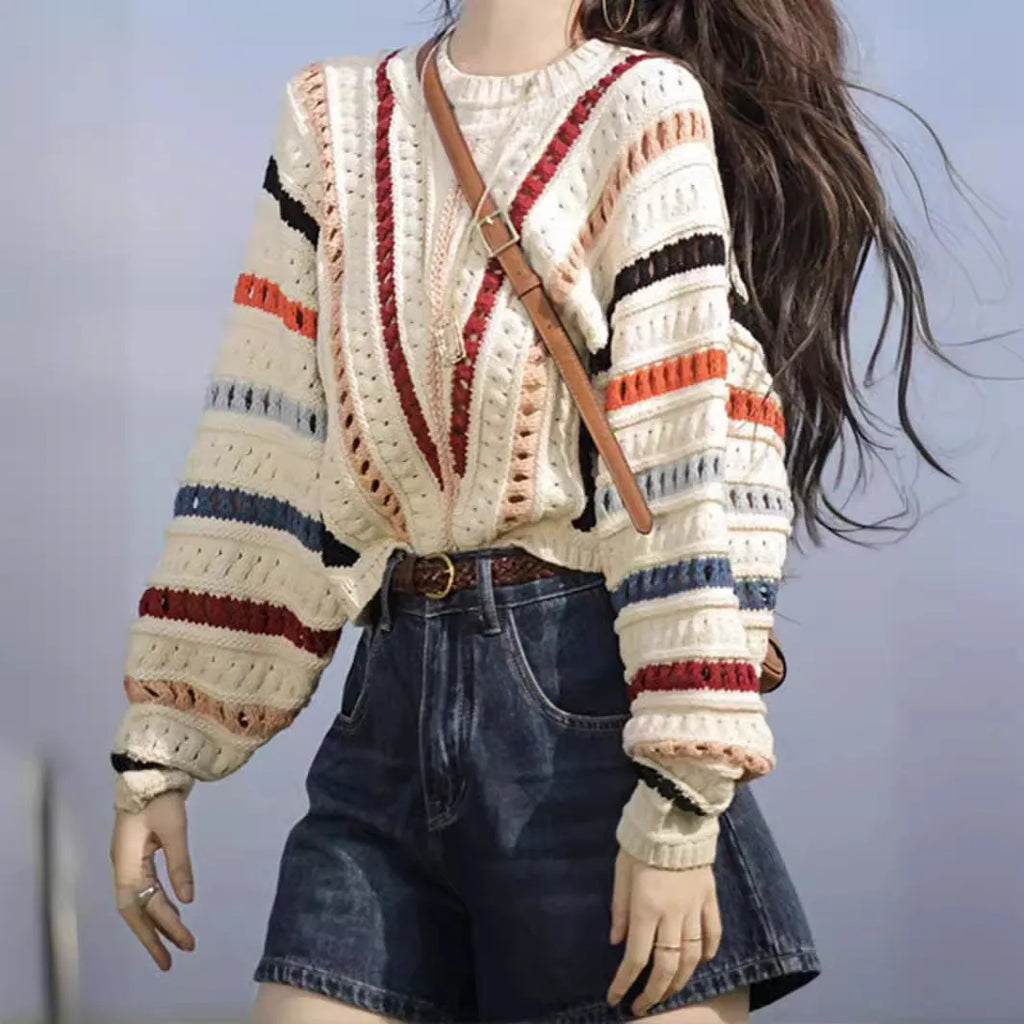 Rainbow striped loose fit pullover sweater with batwing sleeves in retro style