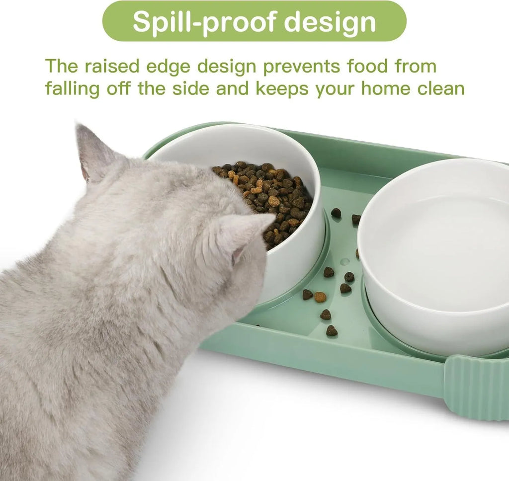 White ceramic elevated cat feeder with two bowls on a tilted stand.