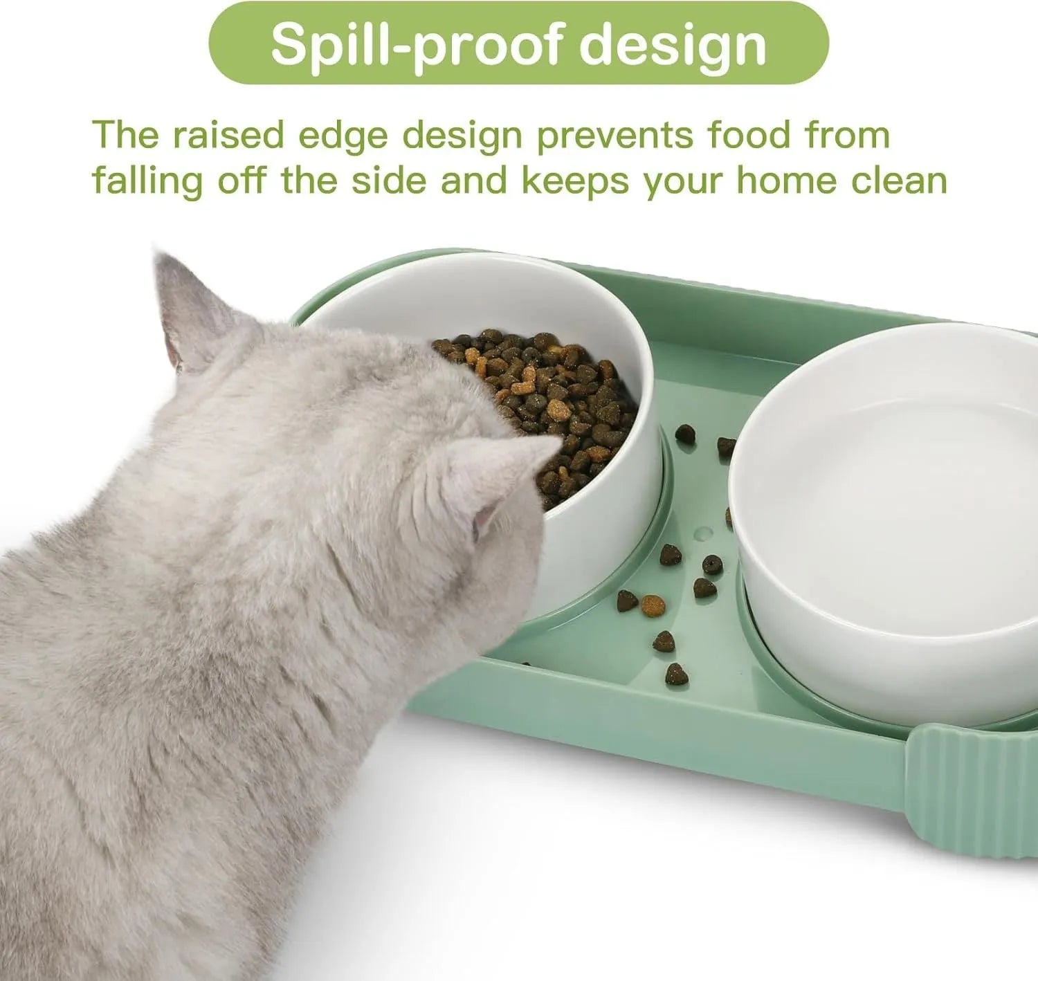 White ceramic elevated cat feeder with two bowls on a tilted stand.