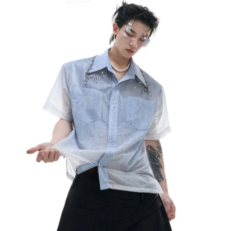 Blue and white gradient men's casual short shirt with loose fit and half sleeves