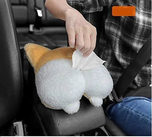 Yellow corgi butt-shaped soft tissue box cover with elastic strap for car sun visor.