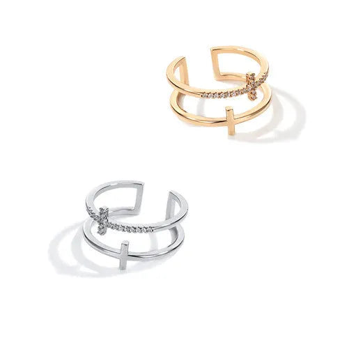 Adjustable copper ring with double cross design, white gold electroplated finish, and zircon gemstones in sterling silver inlays