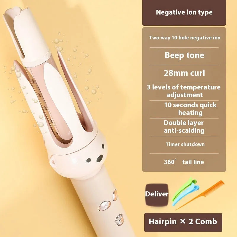 Beige FS-H208 anion automatic hair curler with hair stick accessory on white background