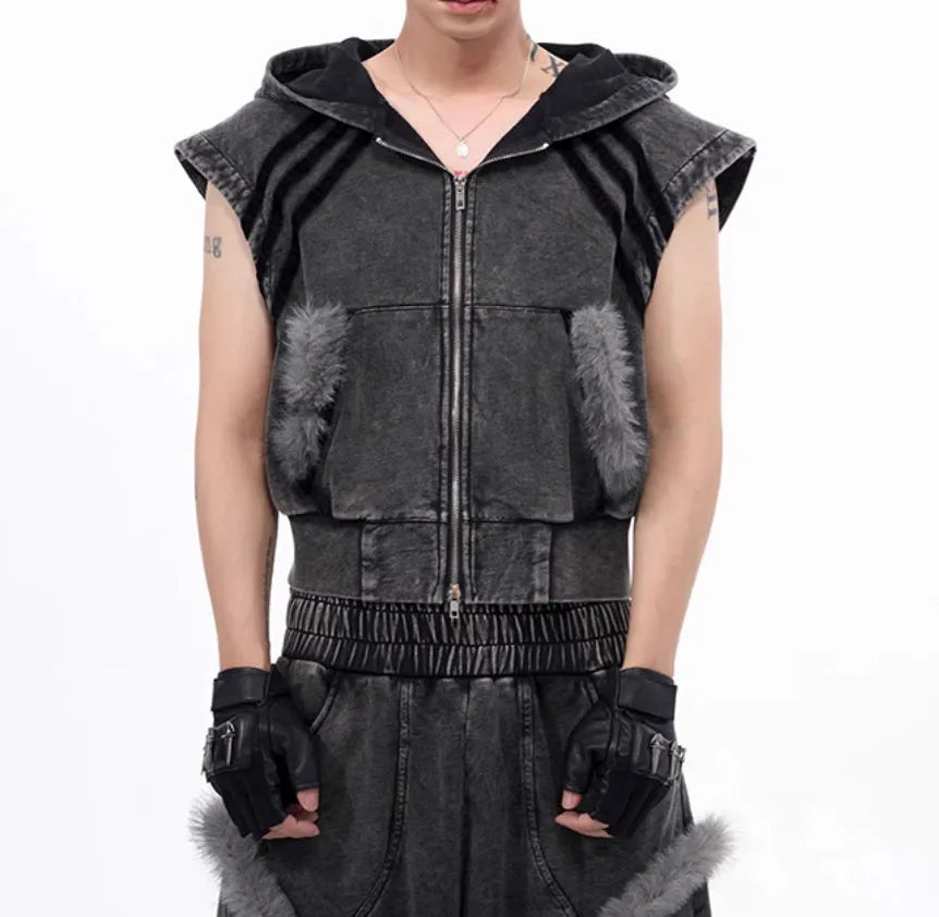 Stitching fur sleeveless hooded zipper tank top in black and gray, short Korean-style vest
