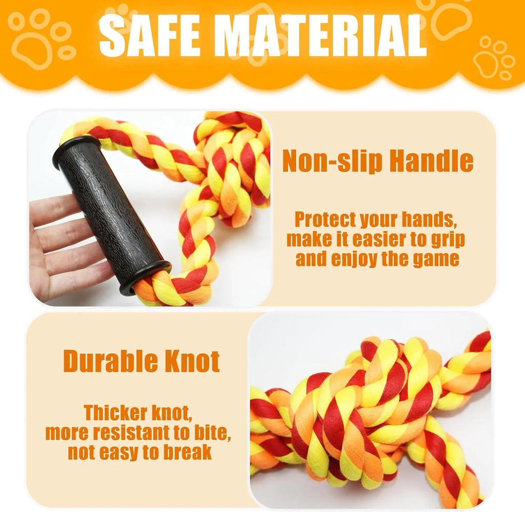 Blue and yellow heavy-duty cotton rope dog toy with ergonomic handle for tug-of-war
