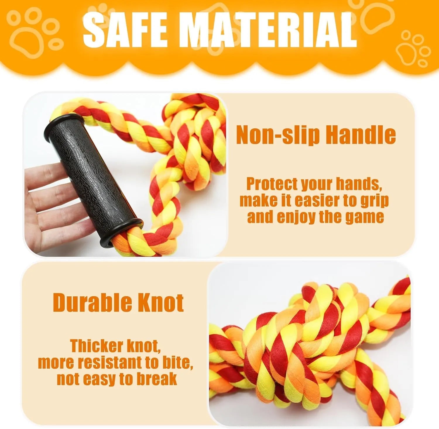 Blue and yellow heavy-duty cotton rope dog toy with ergonomic handle for tug-of-war