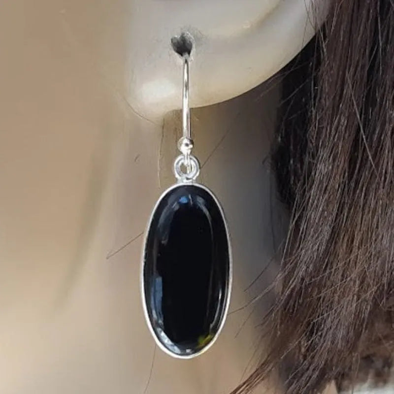 Black agate oval pendant earrings on 925 silver with geometry design