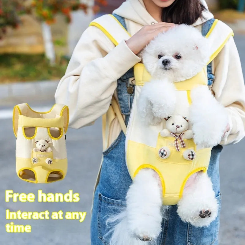 Cartoon Beka yellow bear design soft canvas pet carrier chest bag with ribbon handles.