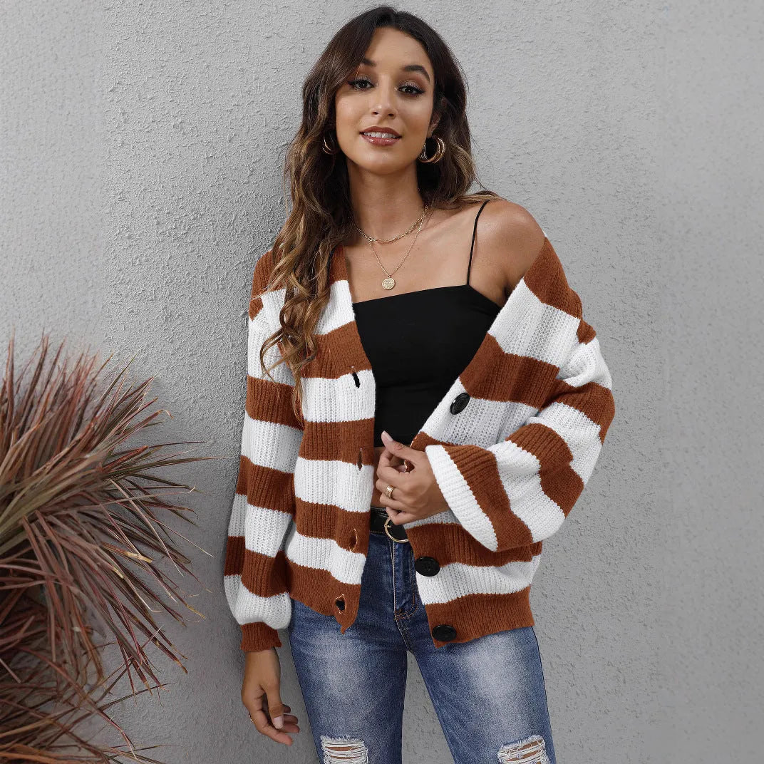 Women's striped deer plush cardigan with button front in blue black brown or green street fashion woven sweater