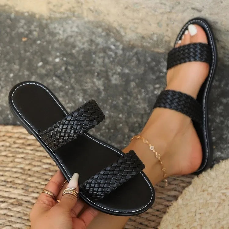 Plus size women's woven beach slippers in synthetic leather with PVC sole, available in multiple colours