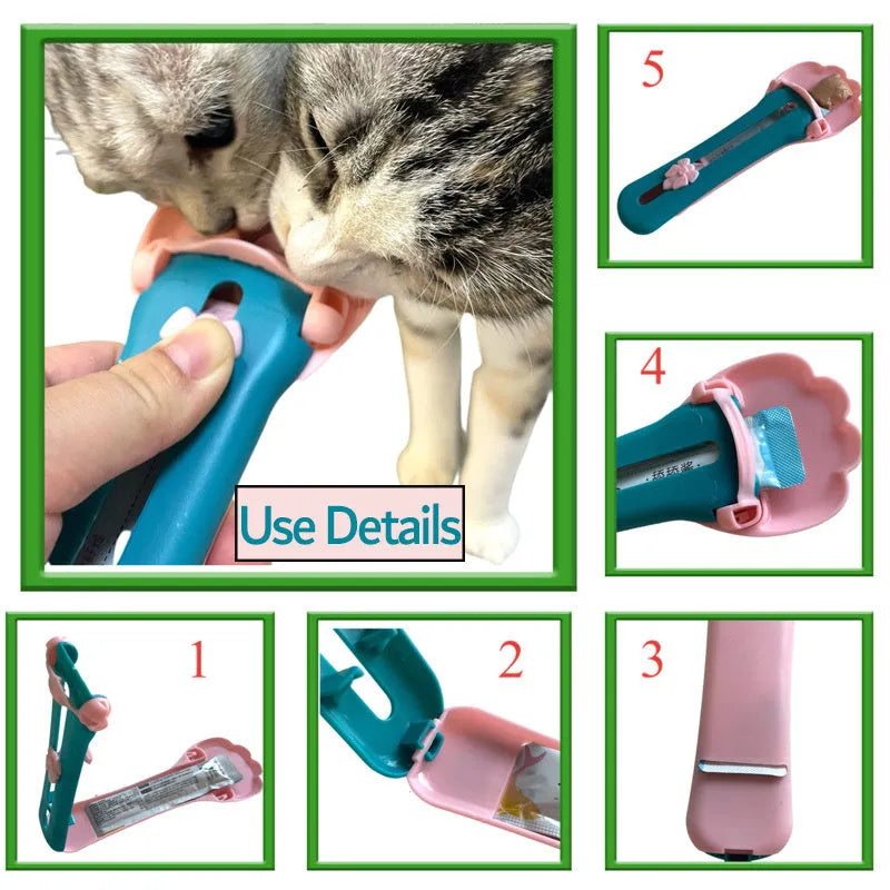 Green and pink pet feed spoon with extrusion design for liquid food and treat dispensing