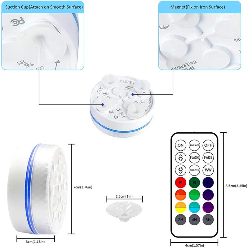 Remote control and white ABS colour changing diving light with IP68 rating for garden ponds.