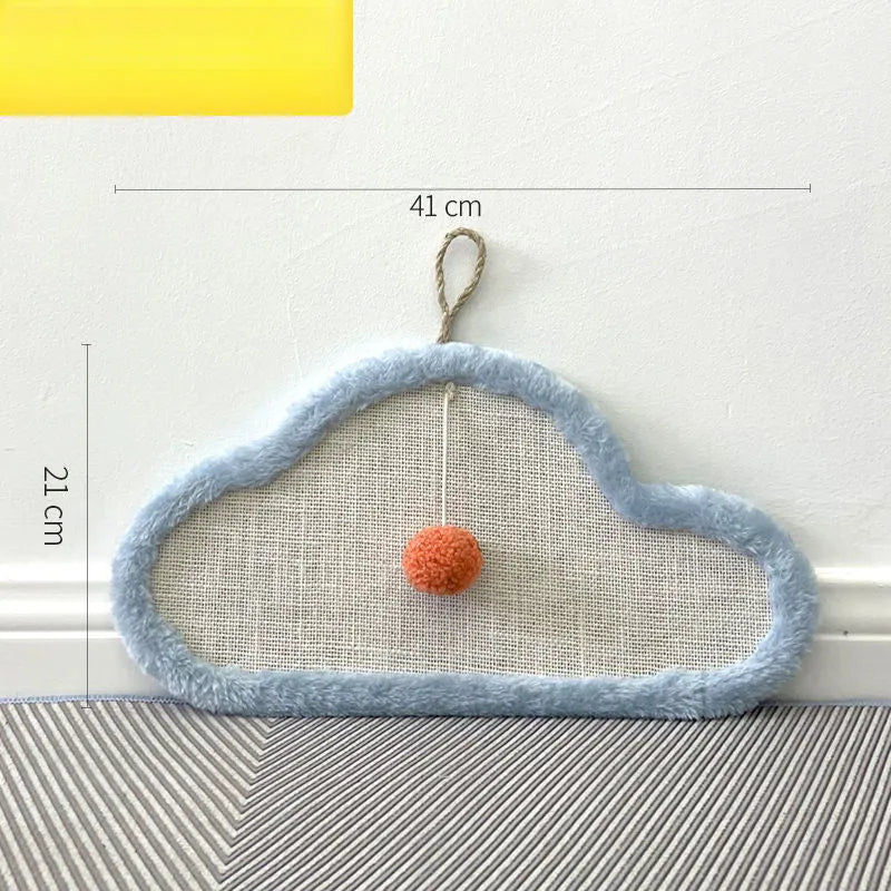 White wall-mounted cat scratching mat with sleeping cat pattern design made from natural sisal