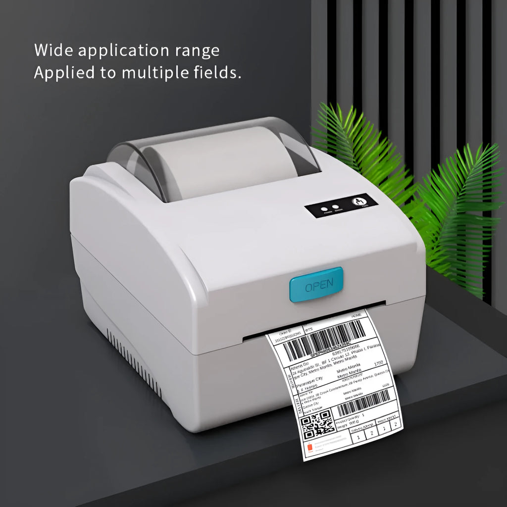 White Bluetooth thermal label printer with USB port, compact 200mm width design