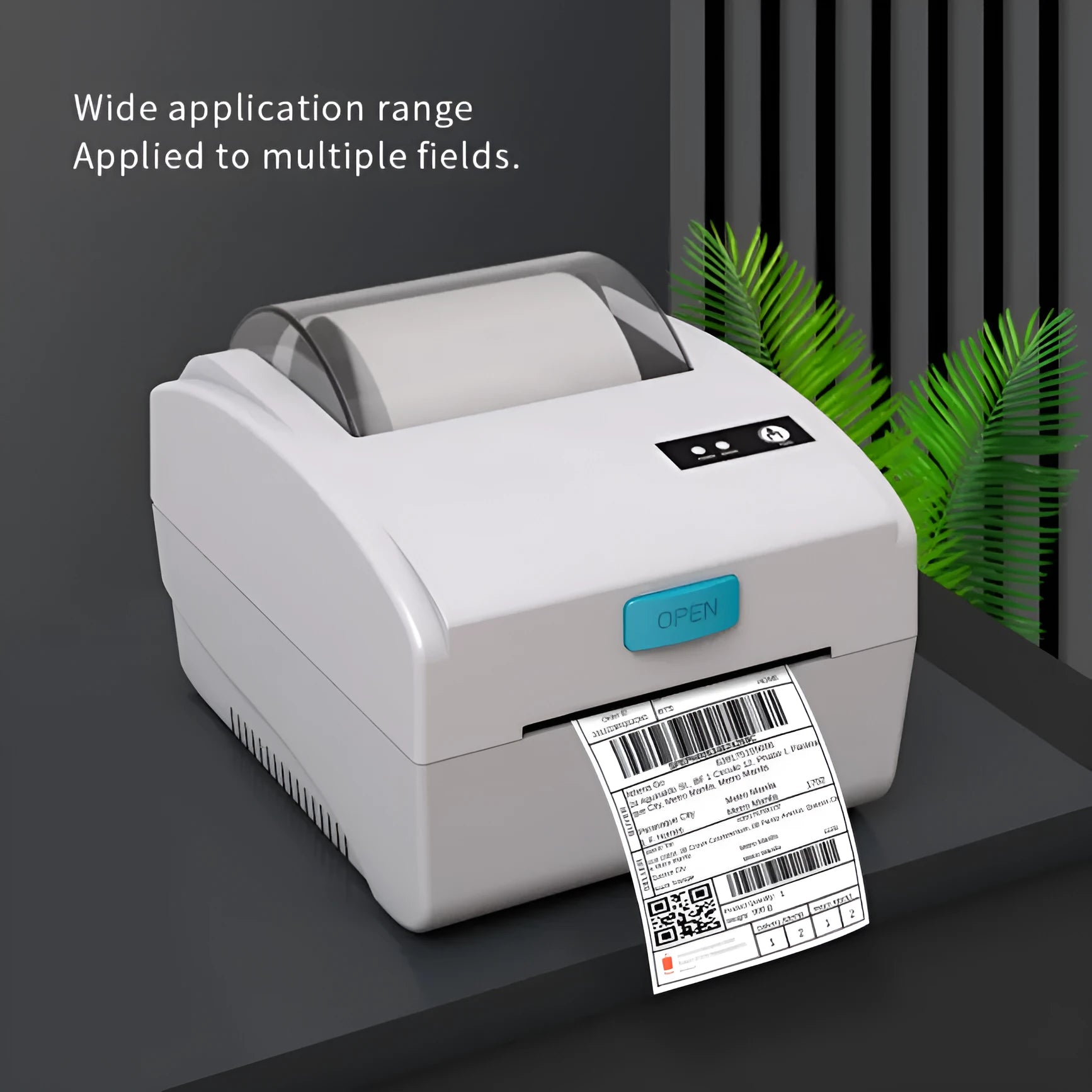 White Bluetooth thermal label printer with USB port, compact 200mm width design