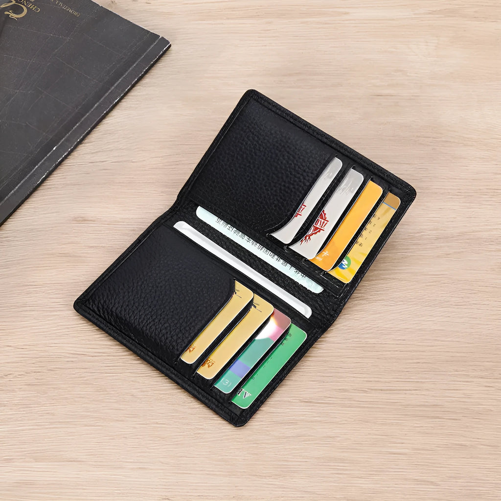 Men's genuine cowhide leather credit card holder in solid colour black, compact 10x7x1 cm