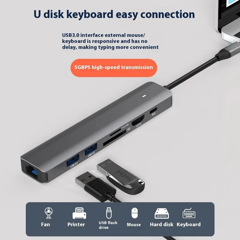 Silver aluminium USB C 7-in-1 hub with HDMI, USB 3.0 ports, and SD card slots.