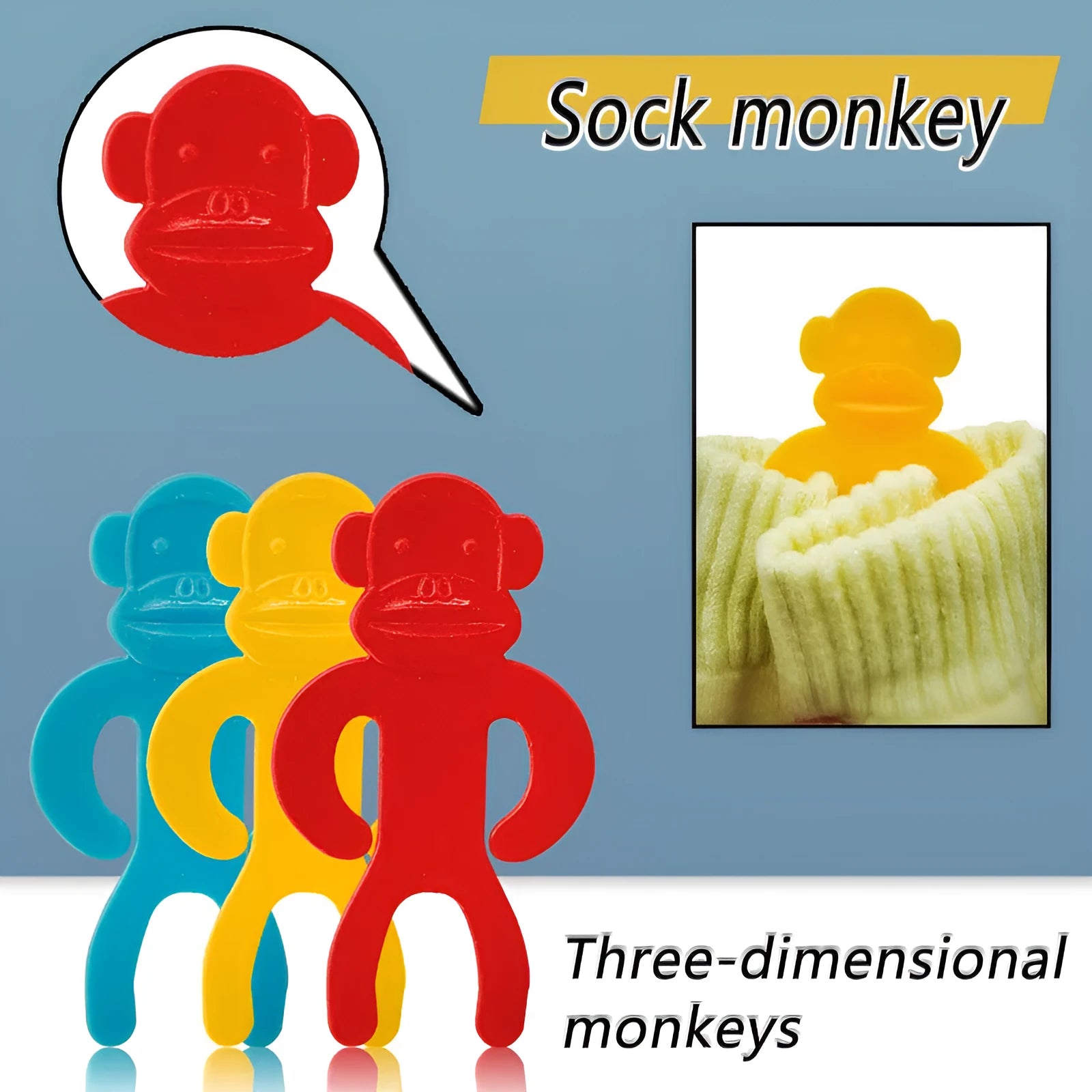 Plastic socks clips in blue, red and yellow colours for machine wash laundry organisation