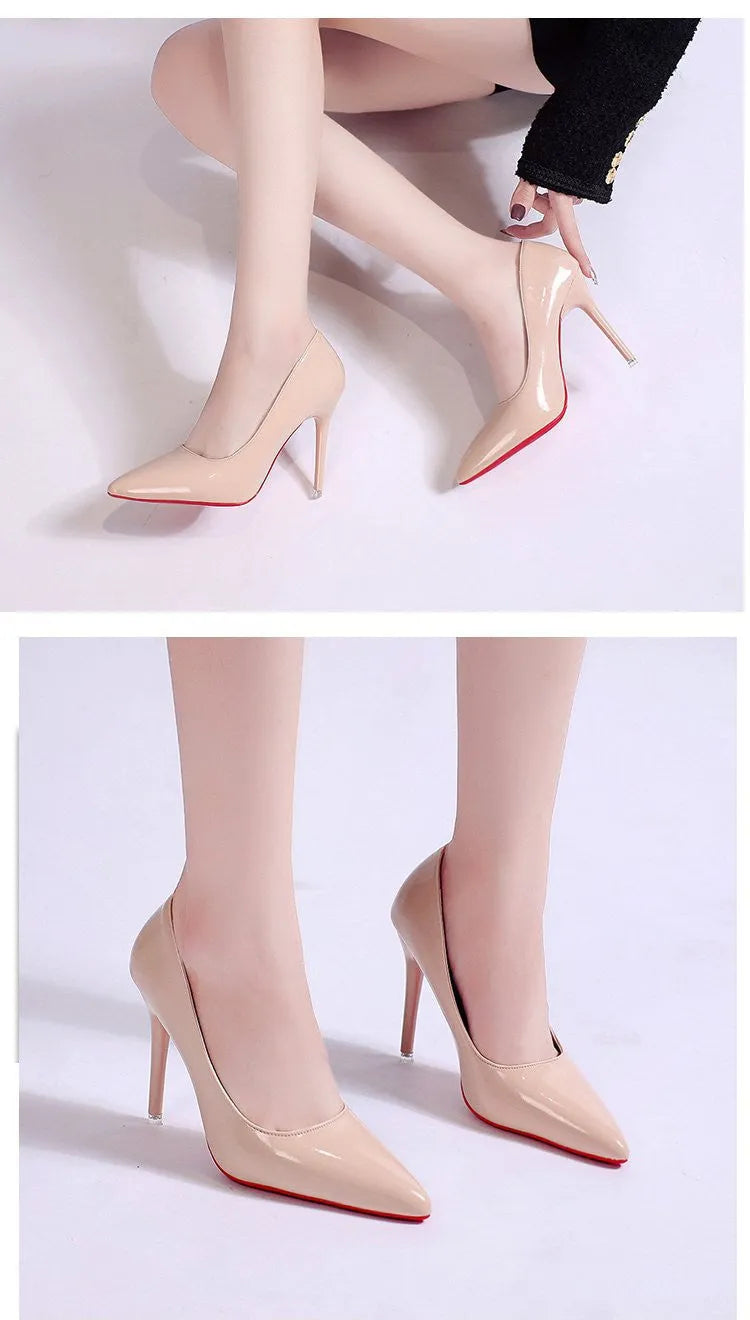 Women's solid colour pointed toe stiletto pump on a white background.