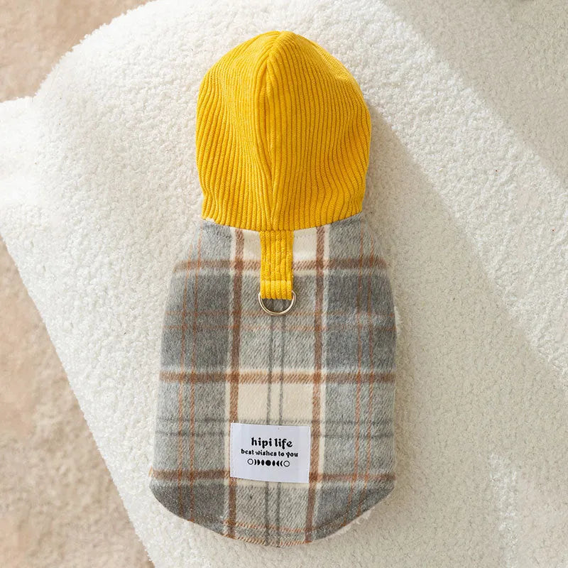 Blue corduroy dog hooded vest with chessboard grid pattern and traction hood