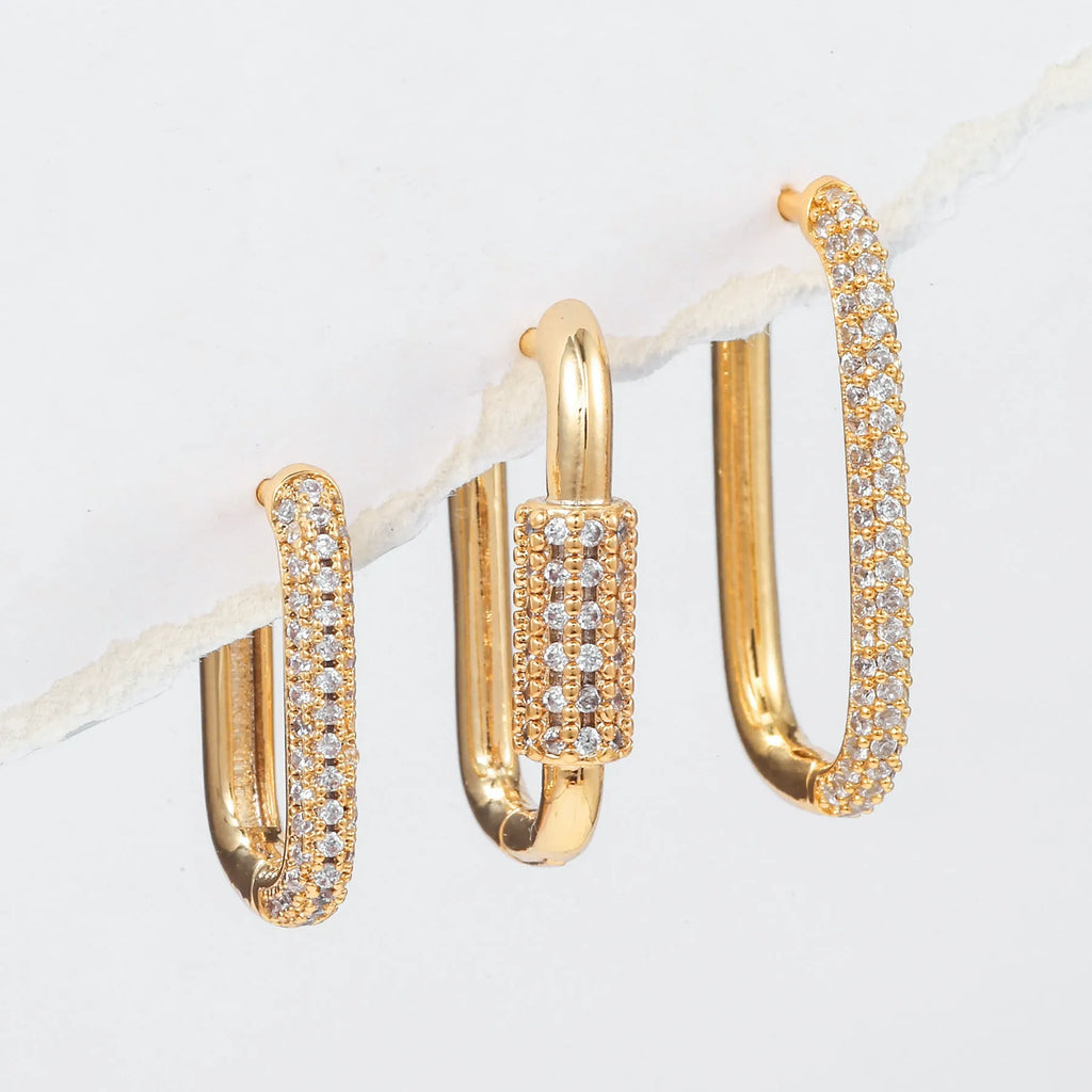 Three geometric ear clips with square design and micro inlaid zircon detailing in gold or white colour options