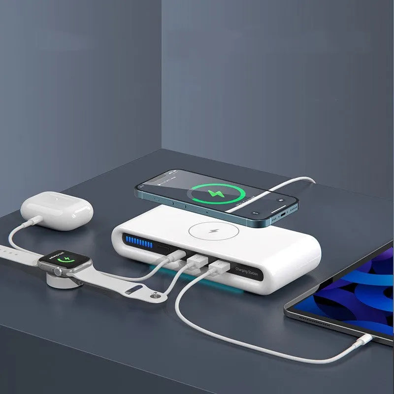 White desktop wireless charging pad with built-in 8-colour atmosphere mood lamp showing different LED light modes