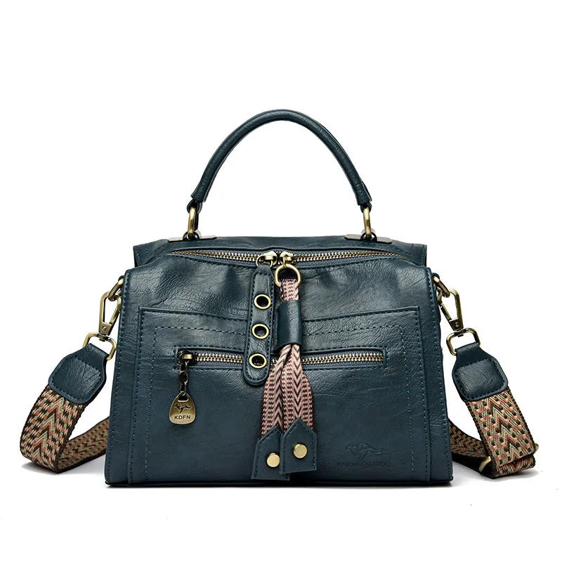 Women's soft PU crossbody bag in retro style with sandwich pocket, horizontal square shape