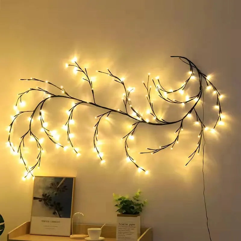 Flexible LED willow vine garland with white birch bark texture and 144 warm white lights for wall decoration