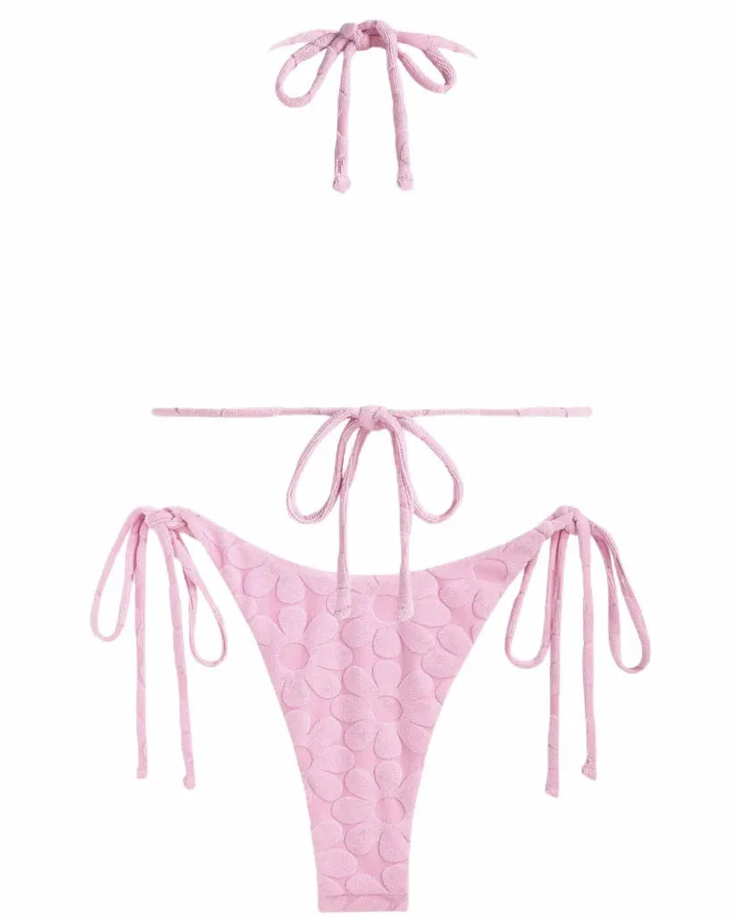 Women's bikini set in solid colour with backless strappy top and high elasticity fabric, available in multiple shades