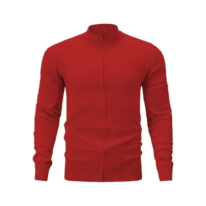 Men's grey zip-up stand collar casual sweater on a hanger