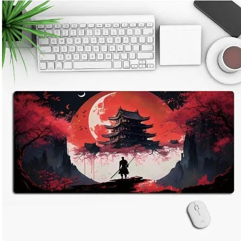 Customisable anime-themed gaming mouse pad with non-slip rubber base on a desk.