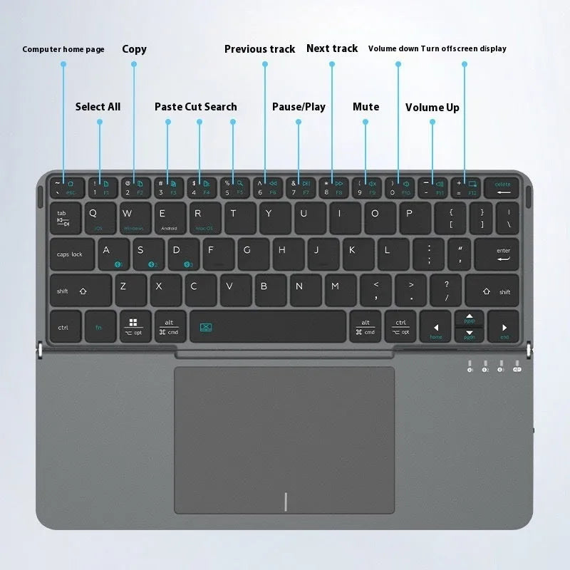 Grey folding wireless Bluetooth keyboard for mobile phones and tablets with compact portable design
