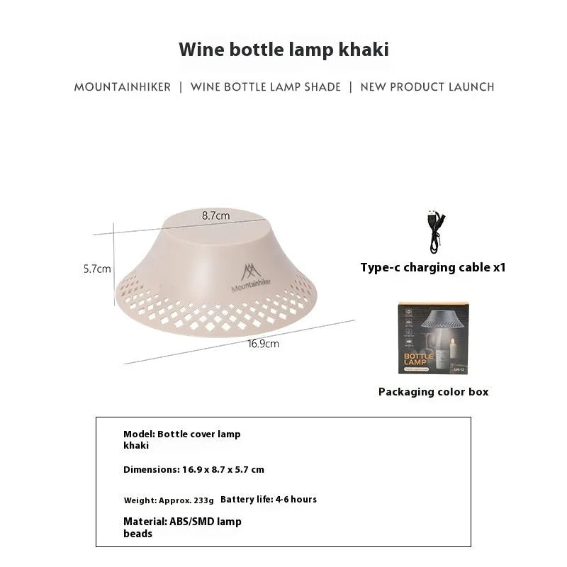 Beige and grey wine bottle shaped camping lantern with USB-C port showing three light mode options