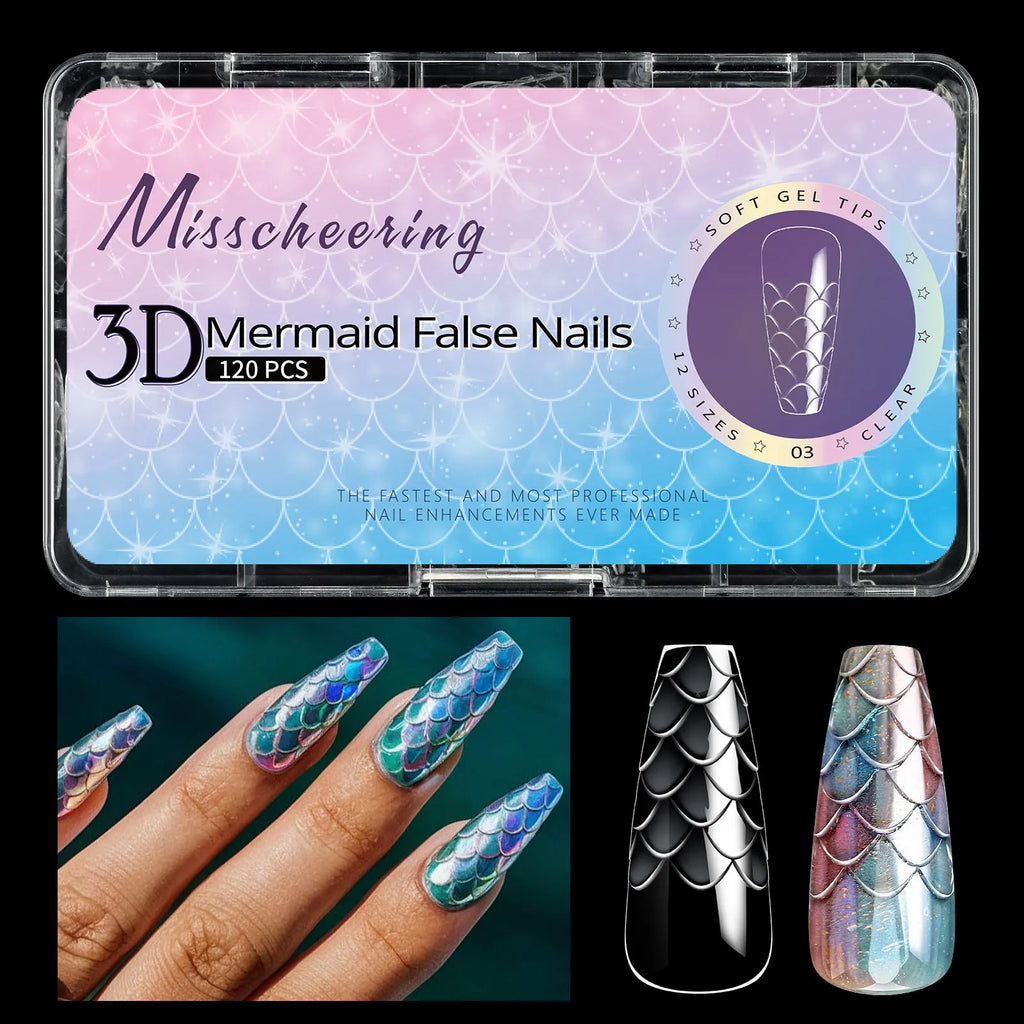3D scale long shaping nail tips in Frigate box packaging with multiple colour options for nail extension use