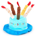 Blue and pink toy dog birthday hats showing 21cm width dimensions on plush animal