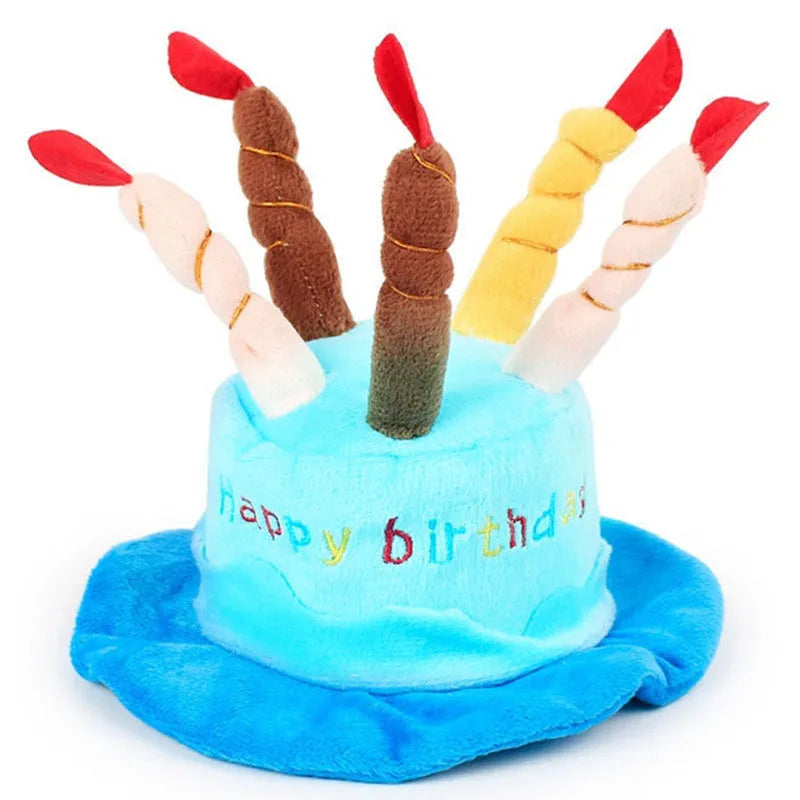 Blue and pink toy dog birthday hats showing 21cm width dimensions on plush animal