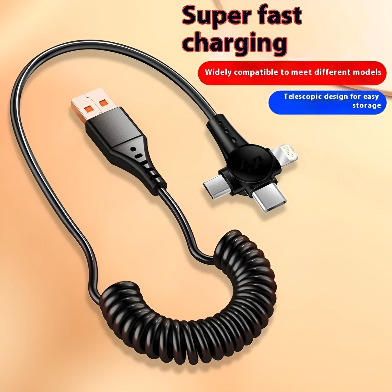 Super Fast Charge 3-in-1 telescopic data cable with Type-C, Micro USB, and Lightning connectors, 1.5m, TPE black