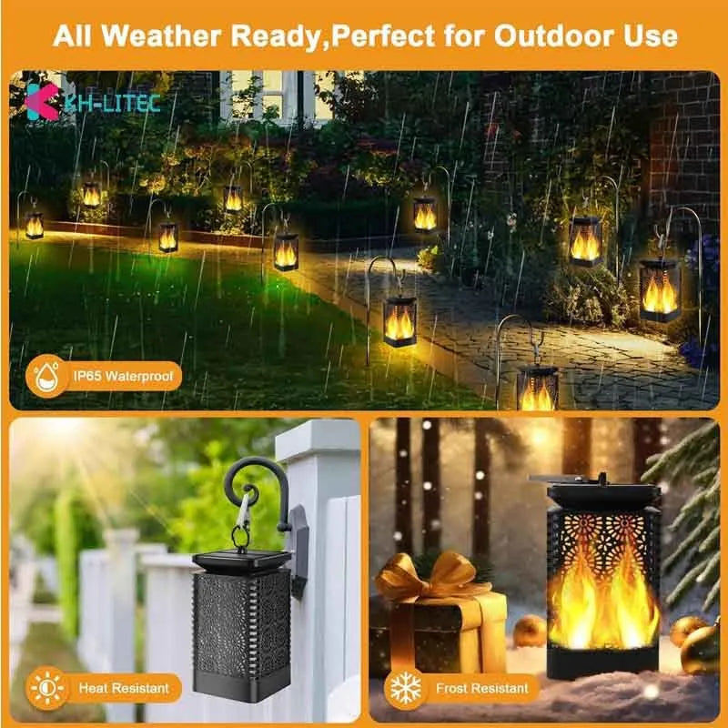 Set of four black solar flame torch lights with flickering LED effect for garden decoration