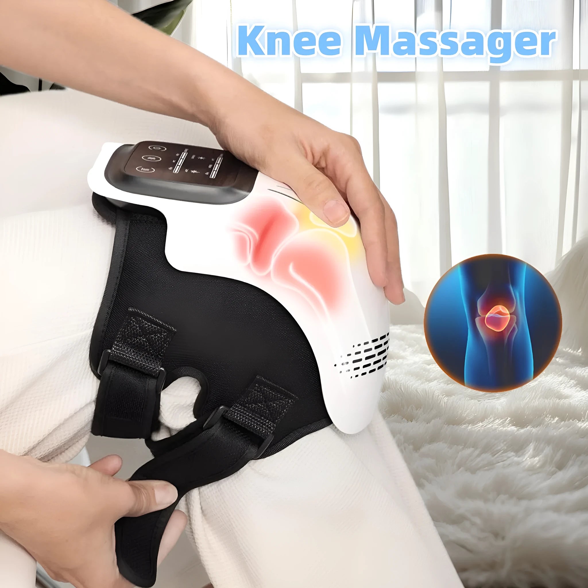Intelligent electric knee massager in white colour with kneading, heating, infrared laser, and vibration functions