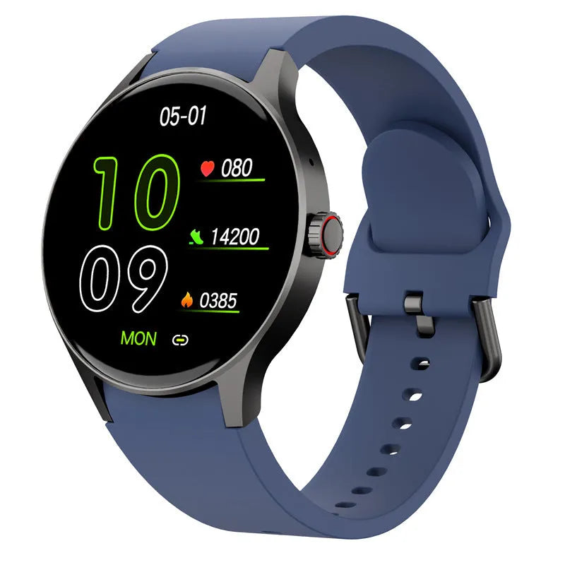 Smart Bluetooth sport watch with circular touchscreen display in black stainless steel case