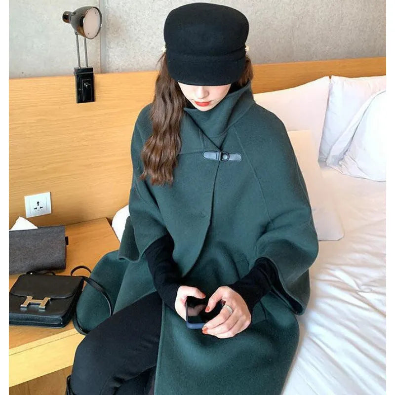 Women's solid colour acrylic flight sleeve long coat in oatmeal, 100cm length, front view