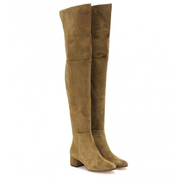 Grey suede women's over the knee flat boots with a pointed toe and low thick heel